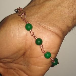 Green jade bare copper round gemstone link bracelet